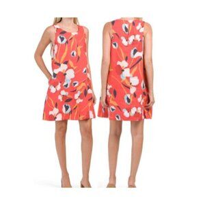 Sigrid Olsen Linen Trapeze Dress Orange Floral Tropical Island Vacation Beachy